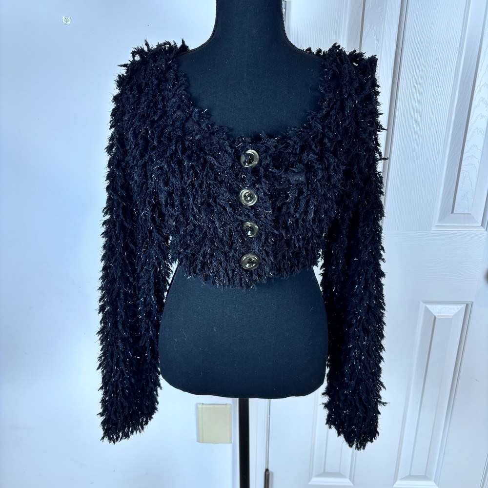 For Love & Lemons Black Shaggy‎ Cropped Cardigan V-Neck Button Front XS